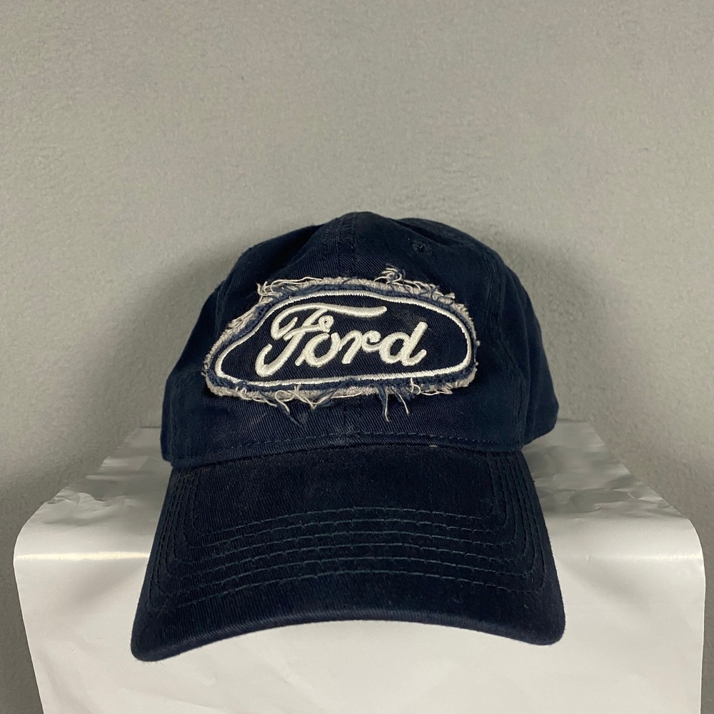 Ford Baseball Cap Mens OSFM Navy Blue Distressed Logo Leather Strap Hat